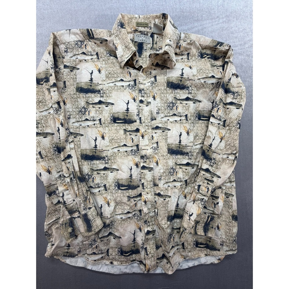 Natural Issue Shirt Mens Large‎ Beige Fishing Print Wrinkle Free Long Sleeve